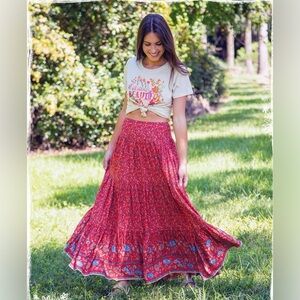 Natural Life Red Blue Ditsy Print Maxi Skirt